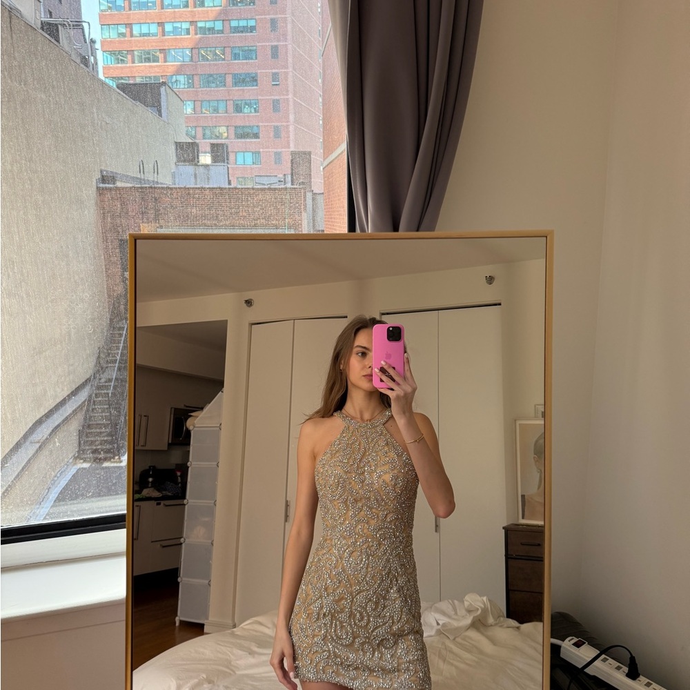 Sherri Hill Gold Sequin Halter Mini Dress